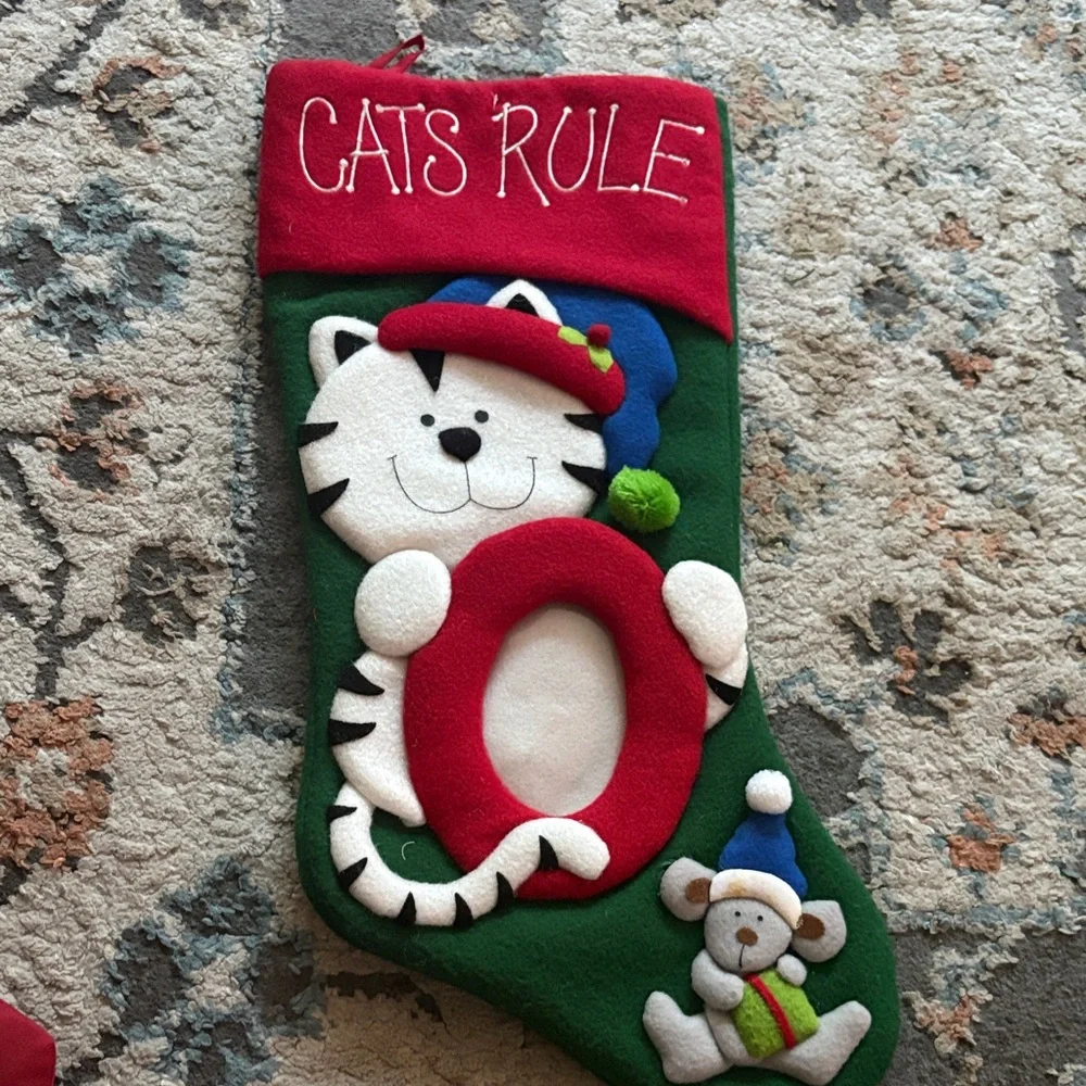 Festive Cat Christmas Stocking - Green and Red